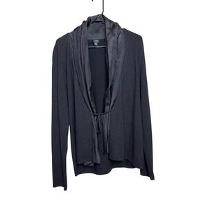 Eileen Fisher Silk Blend Knit Cardigan Draped Silk Trim Black R6TS-1 Womens Med